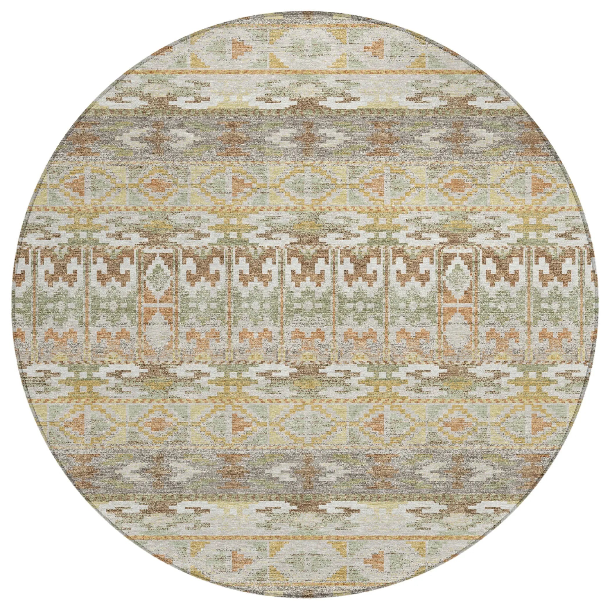 8' Linen And Ivory Round Geometric Washable Indoor Outdoor Area Rug Homeroots Outdoor
